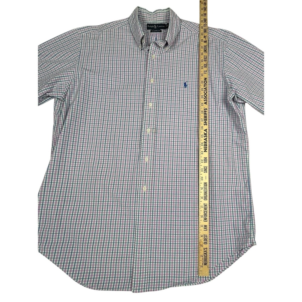 Ralph Lauren EUC Button Down Shirt Men's L Pink Blue Plaid Short Sleeve Cotton - Picture 6 of 9